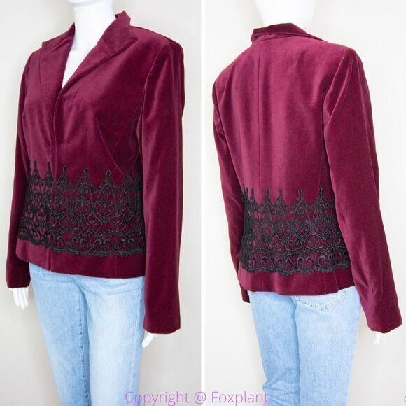 Maggy London 100% cotton embossment burgundy velvet blazer jacket, size 10 - Picture 4 of 16